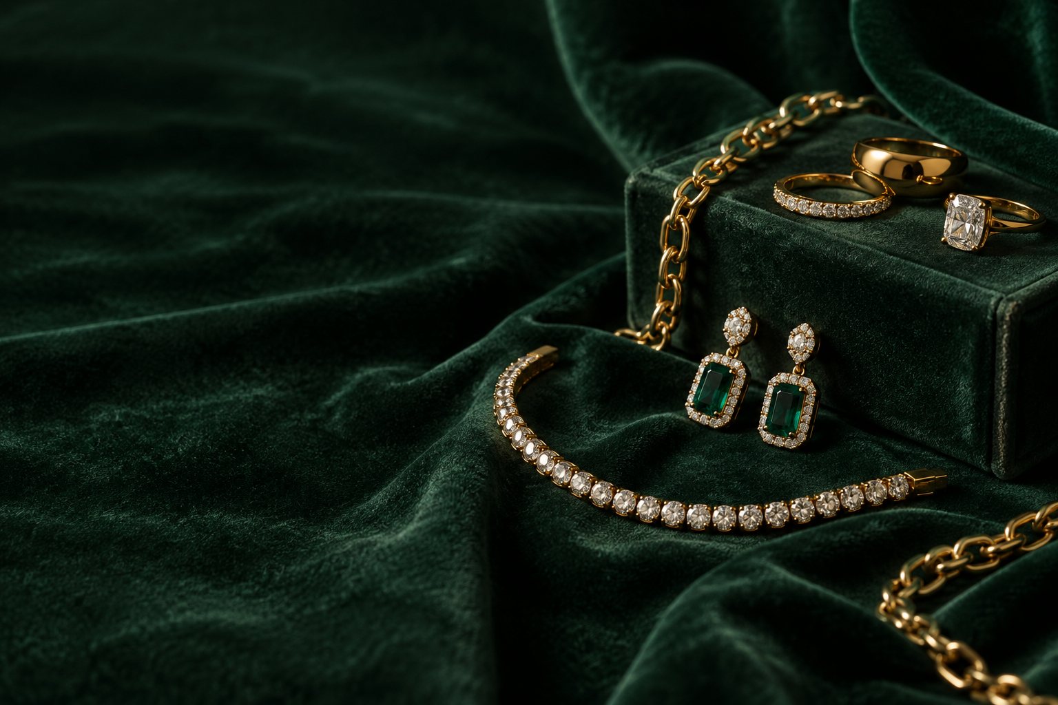 Gold, diamond and emerald jewellery on green velvet